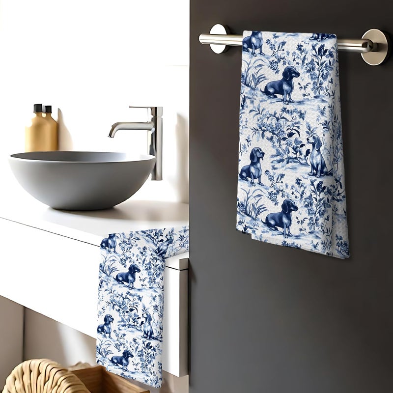 Nipil Chinoiserie Dachshund Kitchen Towels Set of 4,Blue and White Floral Botanical Dachshund Decorative Dish Tea Towels, Grandmillennial Weiner Dog Hand Towels for Kitchen Bathroom, 16x24 Inch - Image 4